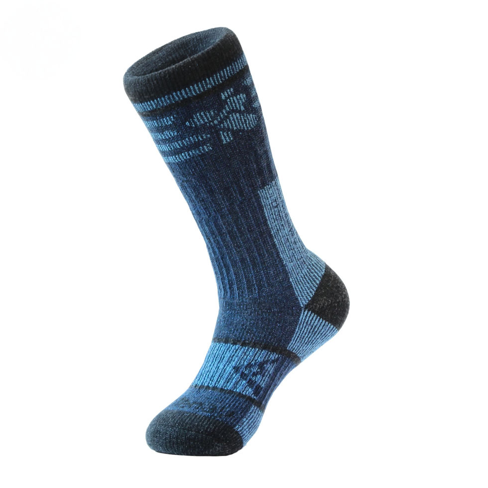 Blue and black sock by Kootenay Socks with geometric patterns displayed on a white background; design features squares and stripes.