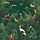 A jungle scene background with many birds, animals, and trees and a dark green backdrop..j