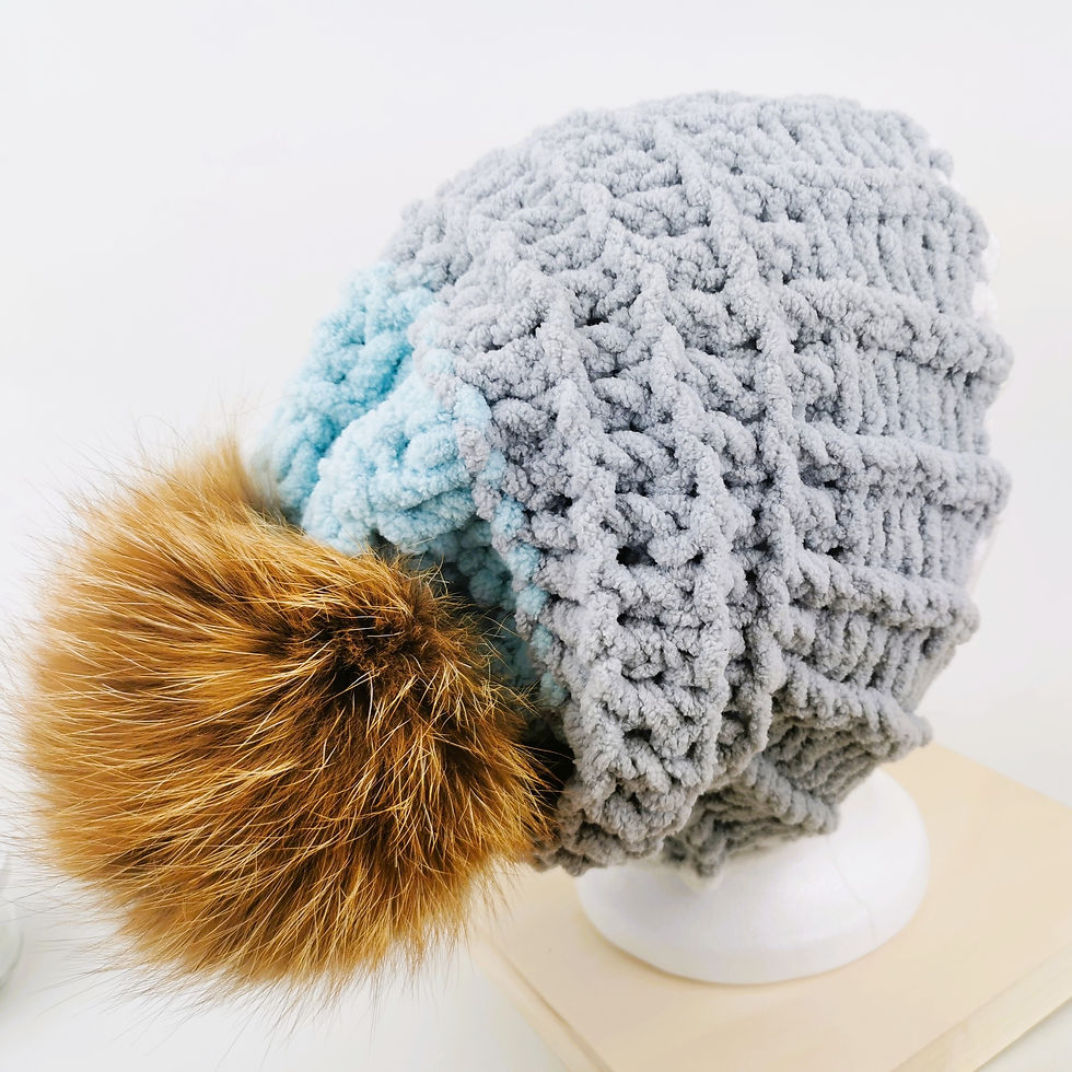 Thumbnail: Slouchy Grey and Sky-Blue Hat - Pony Tail Hat