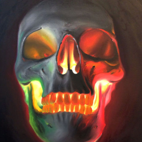 Human skull with red and green colored lights