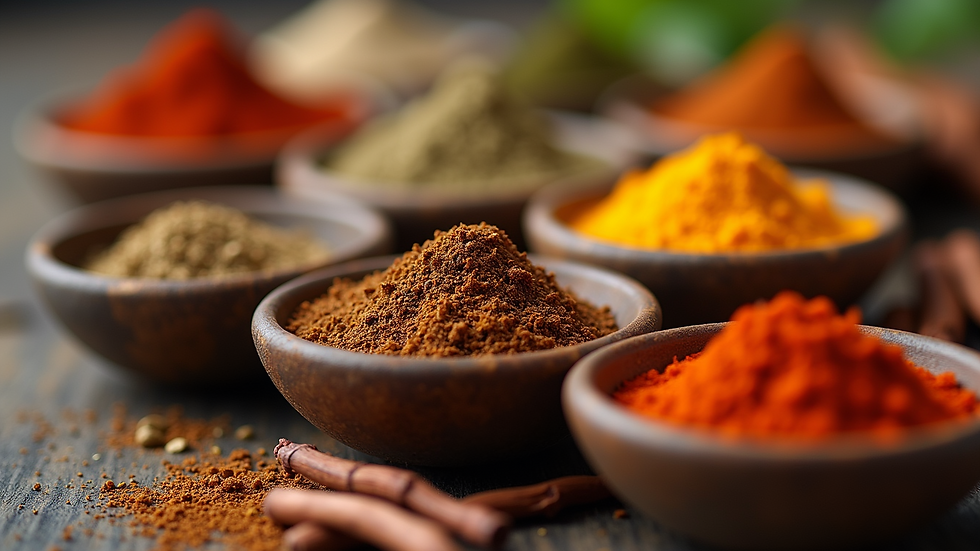 Close-up view of a variety of spices in small bowls
