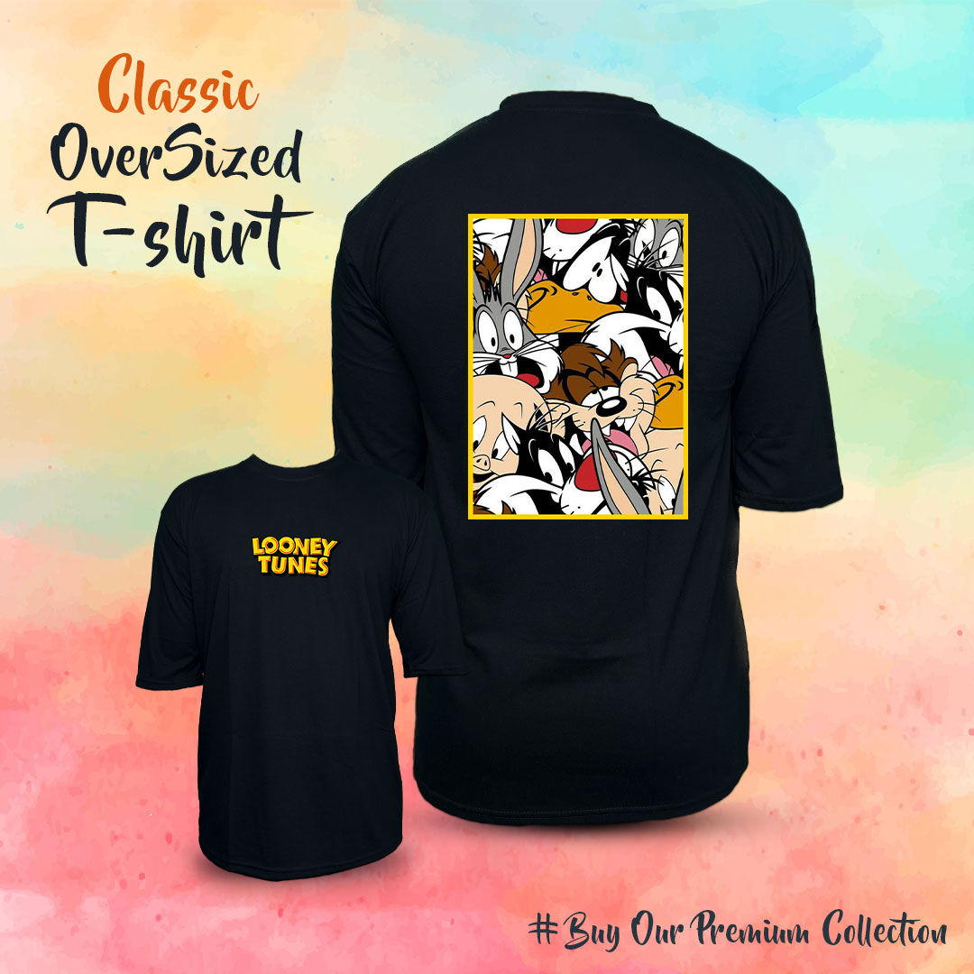 Black Oversized Looney Tunes Print T-shirt