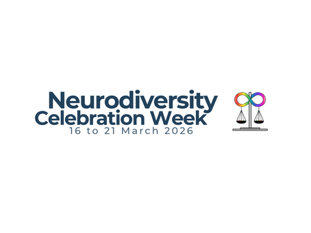 Neurodiversity in Law logo for Neurodiversity Celebration Week, 16 to 21 March 2026, featuring a rainbow infinity symbol above a set of scales.