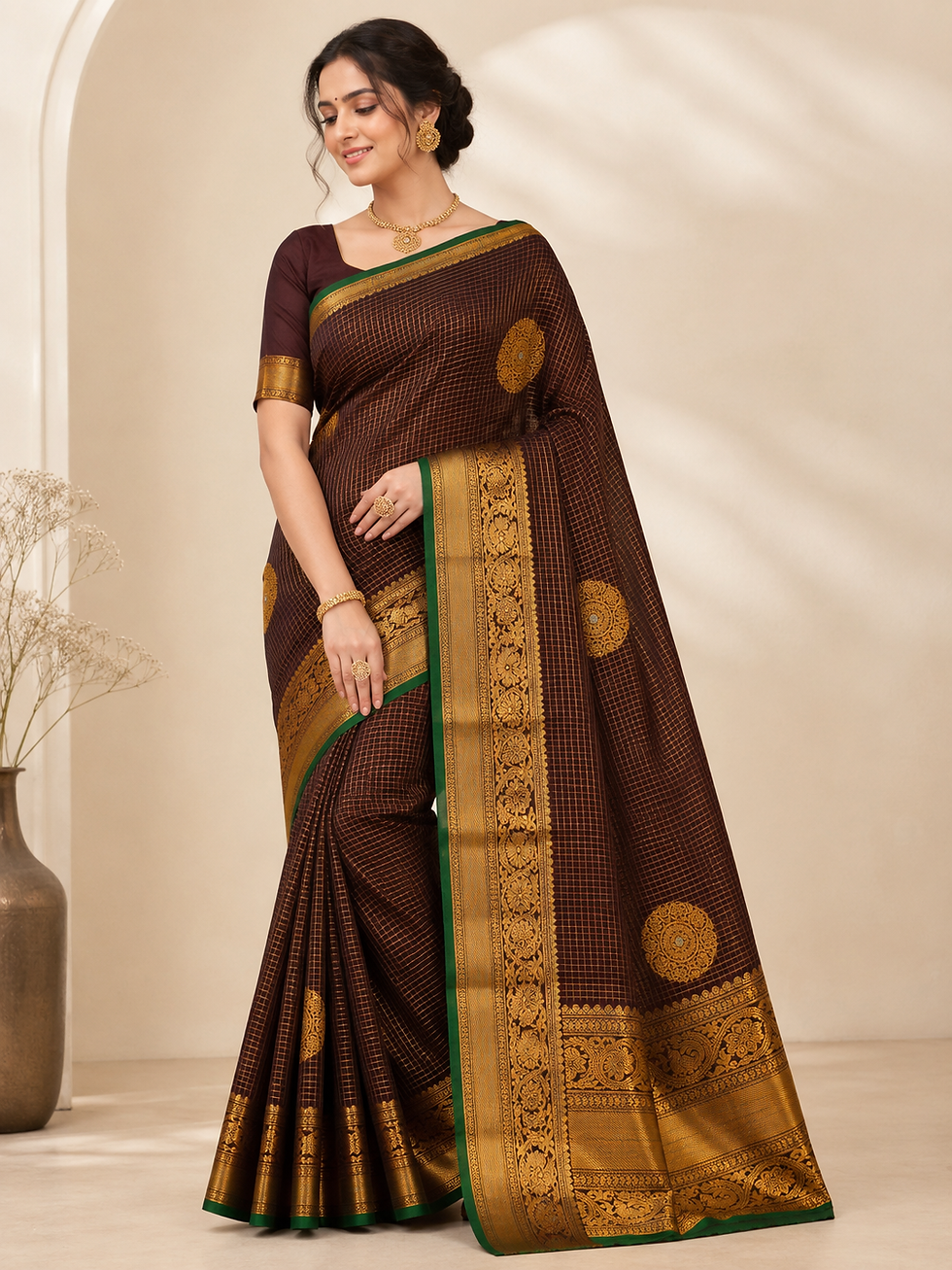 Woman in a brown and gold wedding saree in Hyderabad.