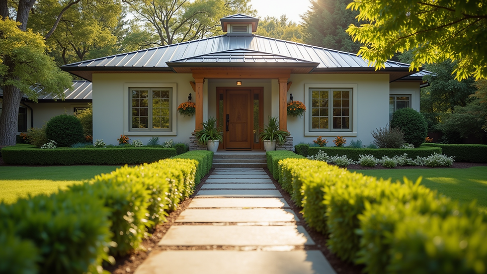 Eye-level view of a beautifully landscaped front yard with a welcoming entrance