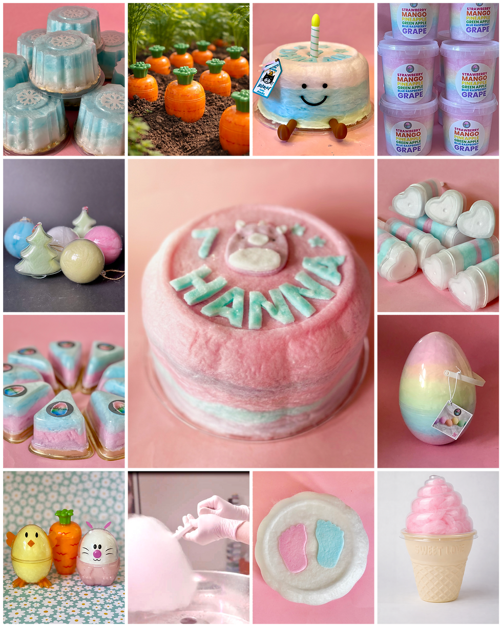 Collage of Whirlylicious candy floss cakes, sweet treats and party favours