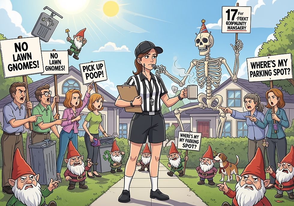 a humorous cartoon-style illustration of a property manager juggling various HOA complaints and drama while maintaining their sanity (and sense of humor).