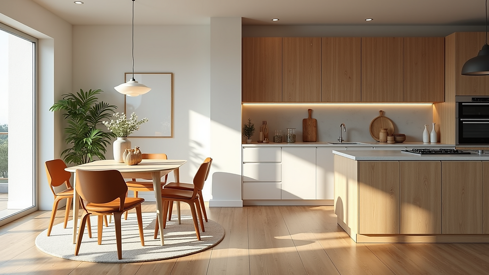 Wide angle view of a vacation rental kitchen and dining area