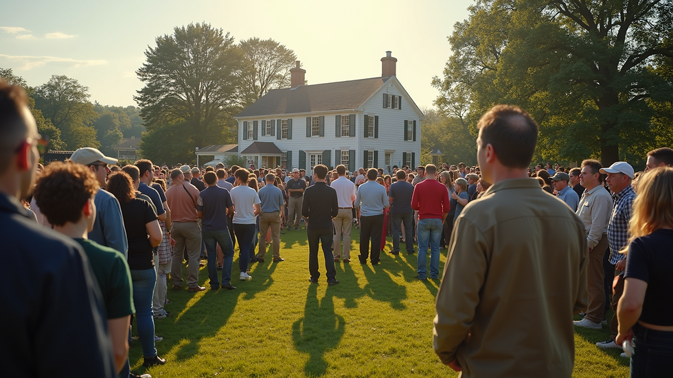 Wide-angle view of a community gathering in New England