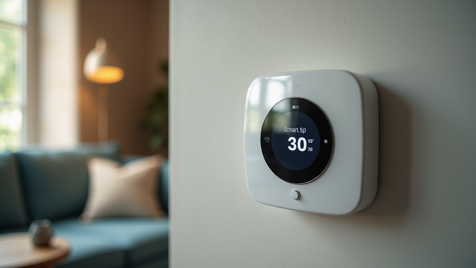 Eye-level view of a smart home thermostat displaying current temperature