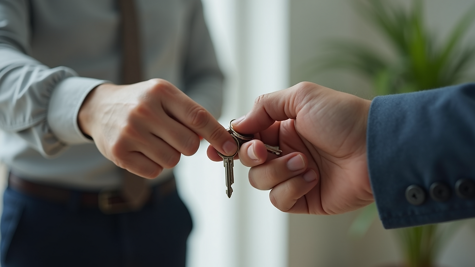 Close-up view of a tenant handing over keys to a property manager