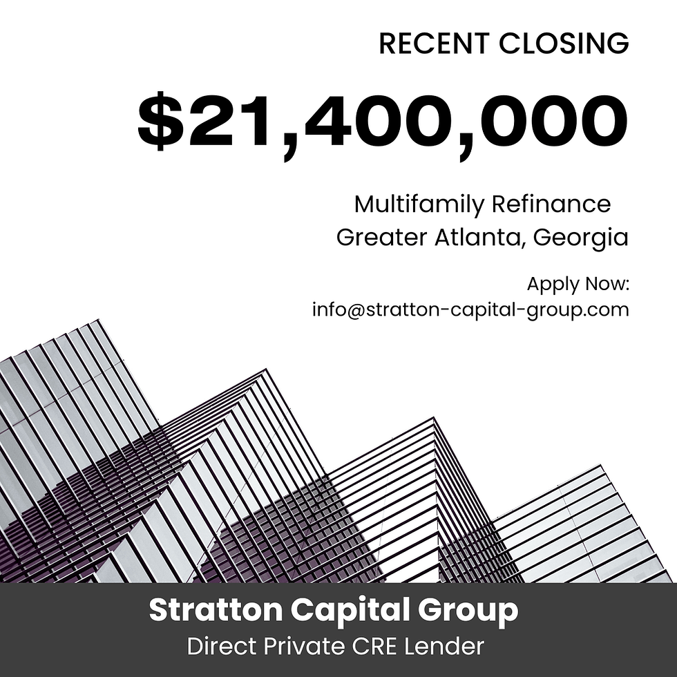Stratton Capital Group closed a $21.4M multifamily refinance in greater Atlanta, providing direct private CRE lending execution for a sponsor managing existing debt and long-term capital planning.