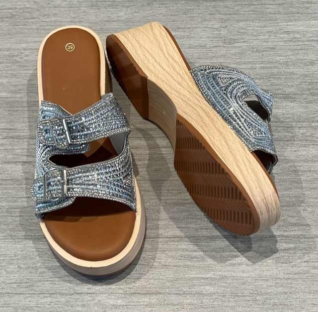 Thumbnail: Flatform Wedge Diamante Double Strap Sandals