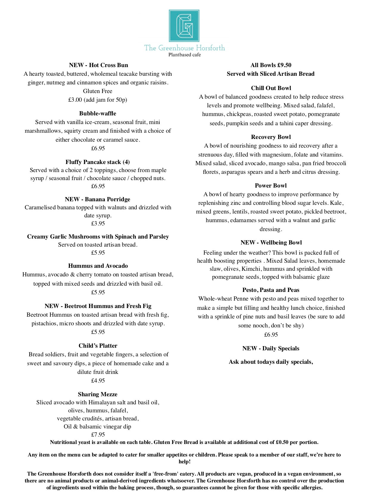 Menu The Greenhouse Horsforth