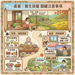 <p class="font_8">🌾 處暑的氣候特性處暑是秋季的第二個節氣。「處」(音ㄔㄨˇ)有躲藏、終止之意,代表炎熱的暑氣到此為止。此時雖然白天的氣溫可能依然偏高,但早晚已能明顯感受到涼意。這時期的氣候特點是「白天熱、早晚涼、空氣乾」,身體容易受到「溫燥」的影響,出現皮膚發癢、喉嚨乾癢、大便乾結或身體乏力(俗稱「秋乏」)等現象。此時養生重點在於「清宣溫燥、兼顧健脾」。</p>
<p class="font_8"><br></p>
<p class="font_8">🍵 處暑適合的中藥與特性處暑時節需要清除體內殘留的暑熱,同時開始滋陰防燥。此時不宜大補,應選擇「清熱而不傷胃、滋陰而不膩滯」的中藥材:西洋參:甘苦微寒。能補氣養陰、清熱生津,非常適合緩解處暑時期的「秋乏」與氣陰兩虛。石斛:甘微寒。具備強效的益胃生津、滋陰清熱作用,能有效改善口乾舌燥。天門冬:甘苦大寒。滋陰潤燥的力量比麥門冬更強,能清肺降火、滋潤腸道、通利大便。茯苓:甘淡平。能健脾參濕、寧心安神,用來調理因夏秋交替、冷熱不均導致的脾胃功能不適。</p>
<p class="font_8"><br></p>
<p class="font_8">🍲 <strong>養生推薦</strong>:西洋參石斛茶您可以將西洋參、石斛、麥門冬各少許,用沸水沖泡代茶飲用。這款茶飲能迅速為身體補充水分、消除疲勞,並清除體內殘留的火氣。</p>
<p class="font_8"><br></p>
<p class="font_8"><br></p>