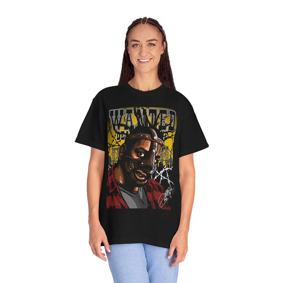 Thumbnail: Wanted Psycho Mask T-Shirt — Horror Graphic Tee with 'WANTED' Design