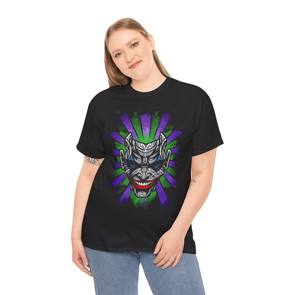 Thumbnail: T-Shirt — Neon Joker Oni Mask Graphic Tee (Green & Purple)