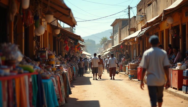 Eye-level view of a vibrant South African street market with colorful stalls