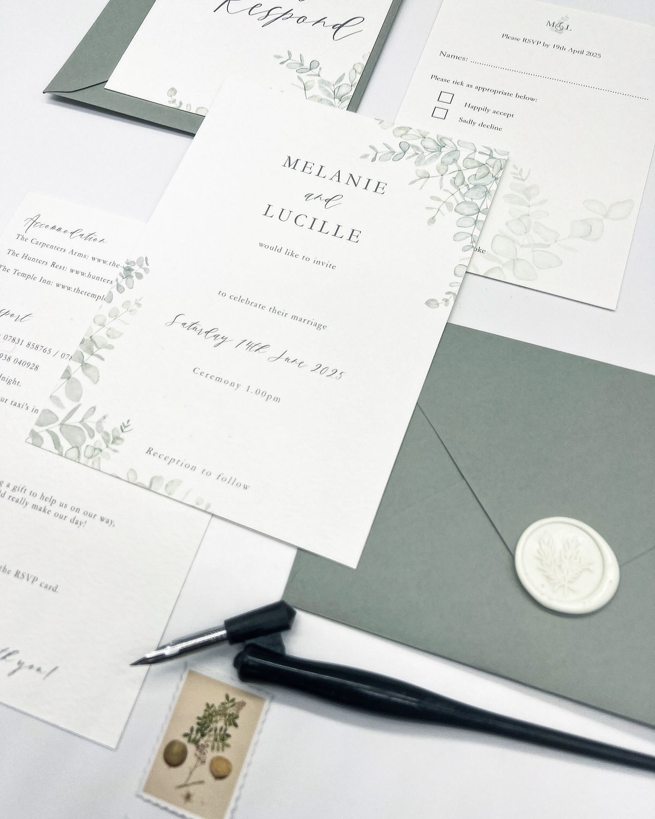 eucalyptus green watercolour foilage in corners of invites with a sage green envelope