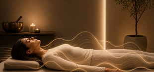 An image of a woman in light-colored clothing lying on a VAT table with sound waves moving through her body.
