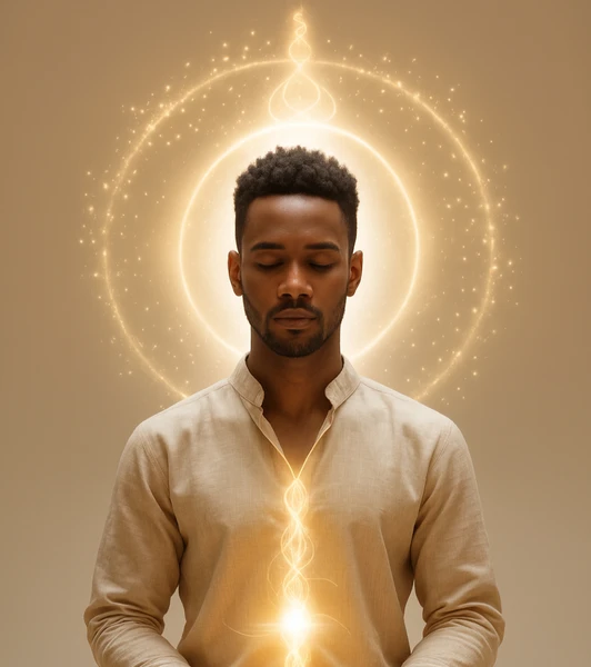 Man meditating with bright aura, Level 3 - ASCEND, practicing Higher Mind Reiki