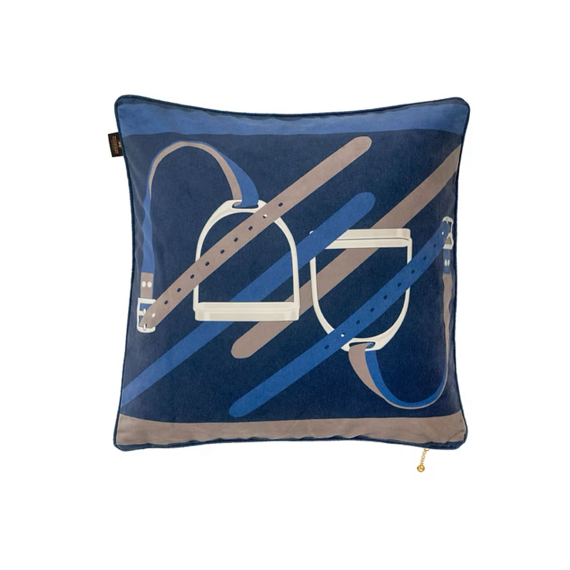 Equestrian Adamsbro Velvet Cushion in blue featuring stirrups for a horse lovers home