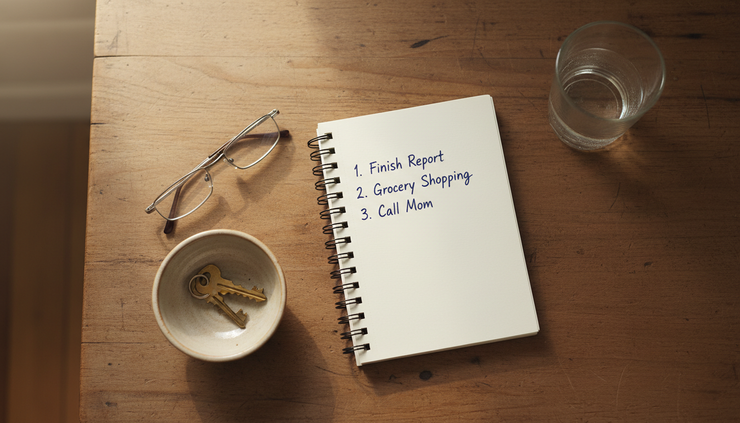 Overhead view of a simple notebook list with three priorities beside reading glasses and keys.