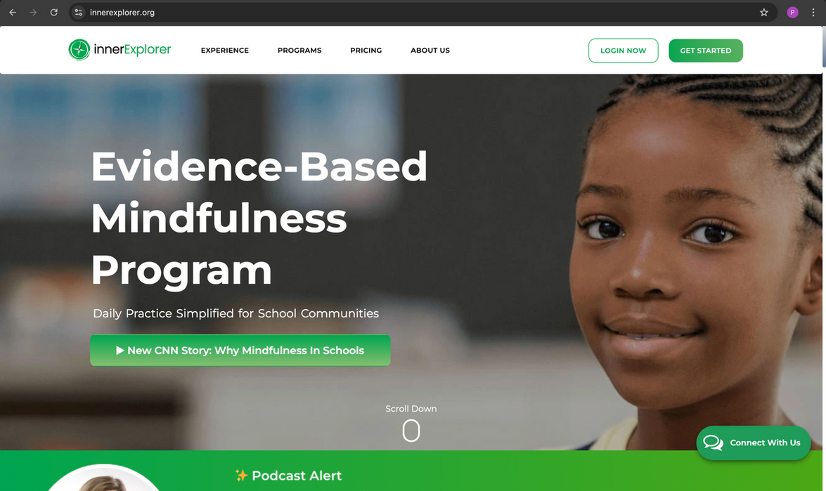 Inner Explorer home page interface promoting mindfulness and self-discovery.
