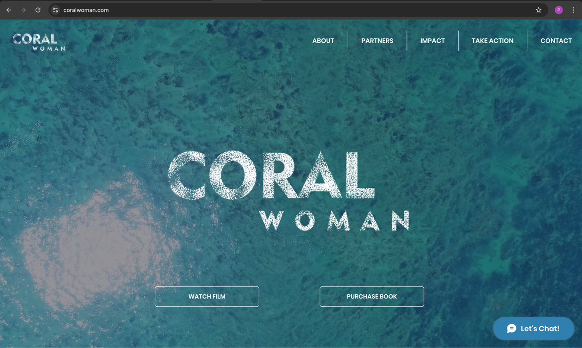 Coral Women interface highlighting ocean conservation, storytelling, and women-led initiatives.