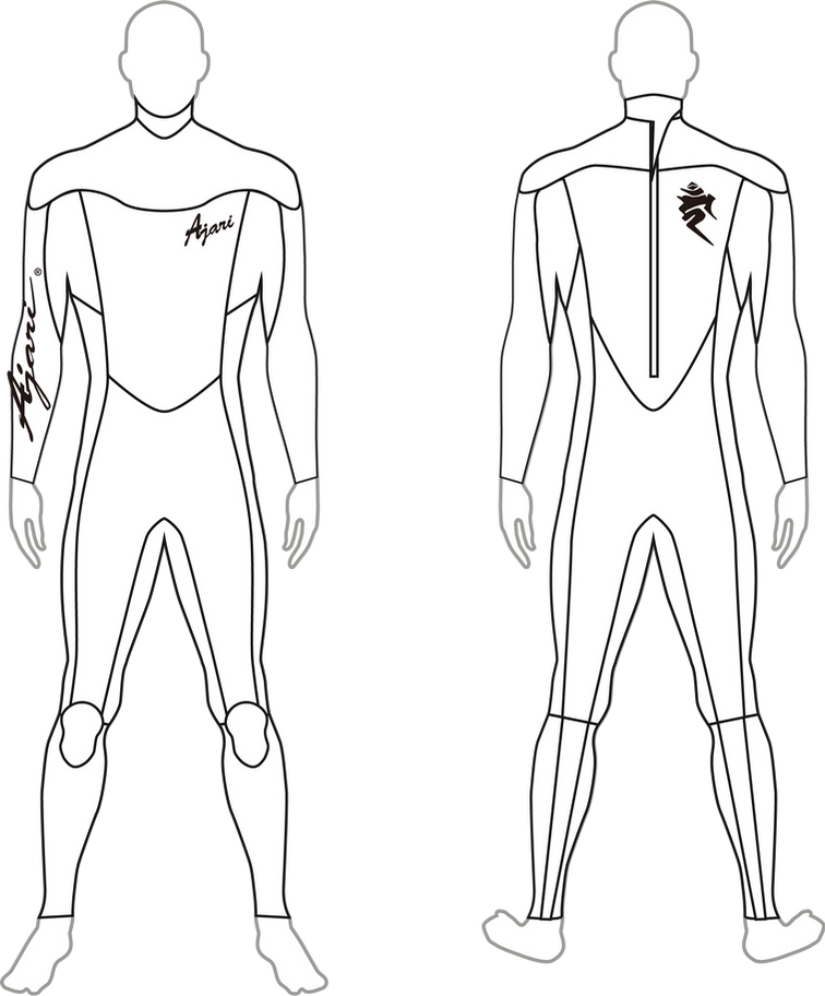 Ajari ウェットスーツのデザイン図: フロントとバックの2つのビュー