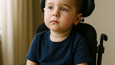 Young boy in a navy shirt sits on a black wheelchair in a room with beige walls and light curtains, appearing contemplative while living with Spinal Muscular Atrophy.