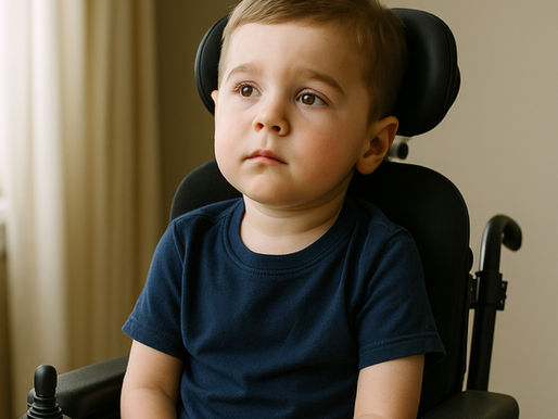 Young boy in a navy shirt sits on a black wheelchair in a room with beige walls and light curtains, appearing contemplative while living with Spinal Muscular Atrophy.