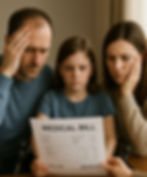 Two concerned adults and a child hold a $28,000 medical bill at a table, showing the economics of Rare Diseases. They're indoors with soft lighting.