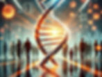 An illustration of people walking towards a glowing double helix representing DNA, with a glowing orange background and various diagrams of atoms and DNA surrounding the helix.