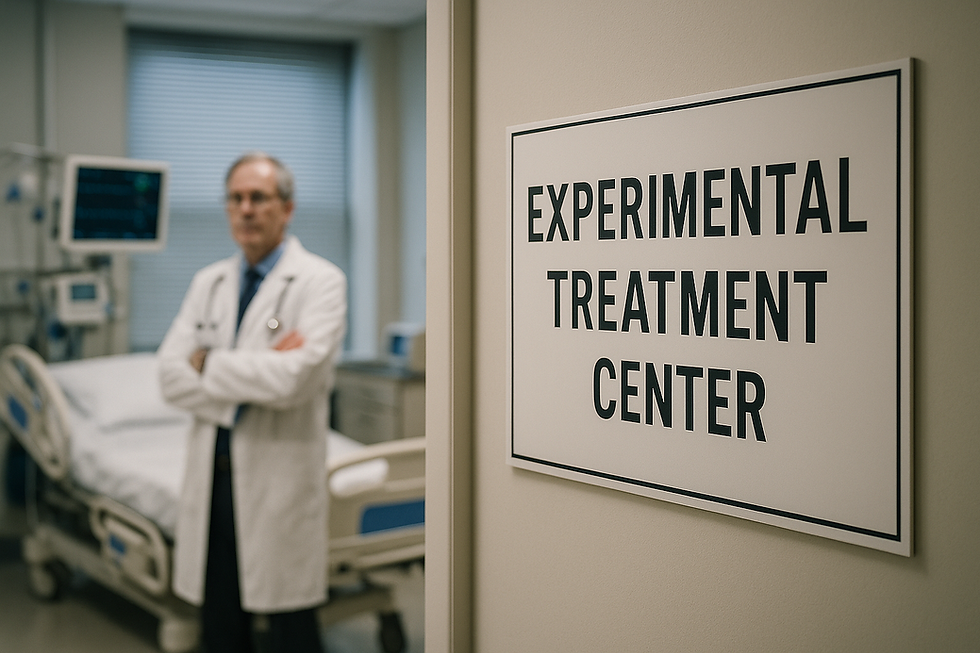 A doctor stands with arms crossed in a hospital room, while a sign reading "Experimental Treatment Center" is prominently displayed on a nearby door.