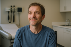Man smiling in a doctor's office, wearing a blue shirt. Medical equipment and an exam bed are in the background. Warm, relaxed atmosphere.
