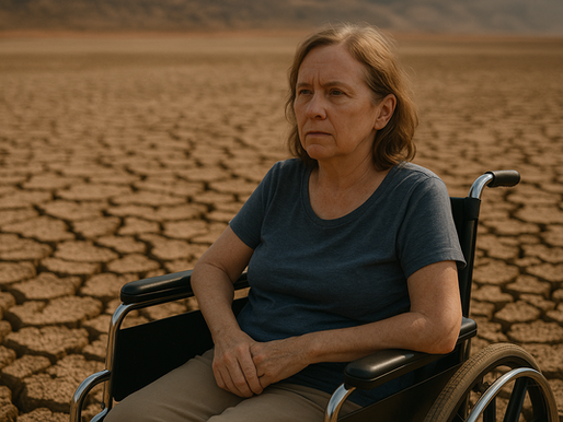 Woman in a wheelchair on cracked desert ground, looking contemplative. She's wearing a blue shirt and beige pants under a hazy sky.