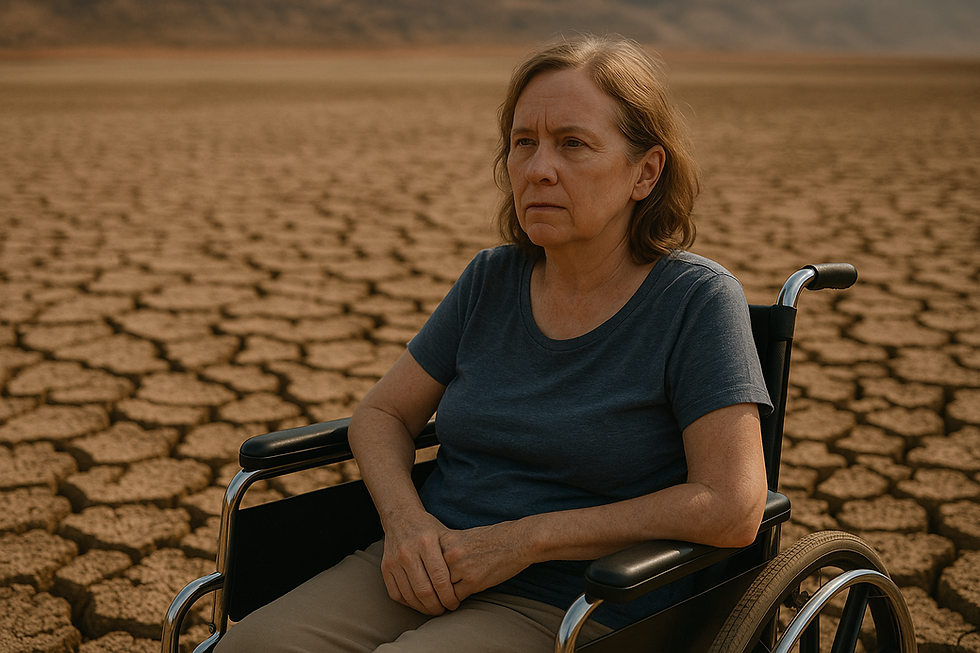 Woman in a wheelchair on cracked desert ground, looking contemplative. She's wearing a blue shirt and beige pants under a hazy sky.