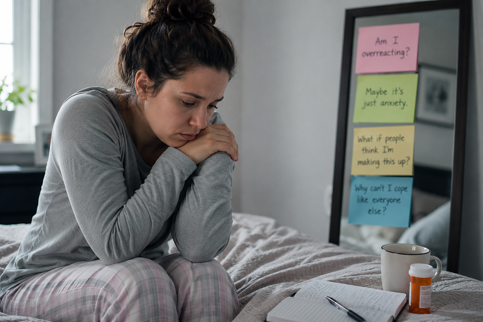 An anxious woman sits on a bed, hugging her knees, beside a mirror with sticky notes about overreacting and anxiety.