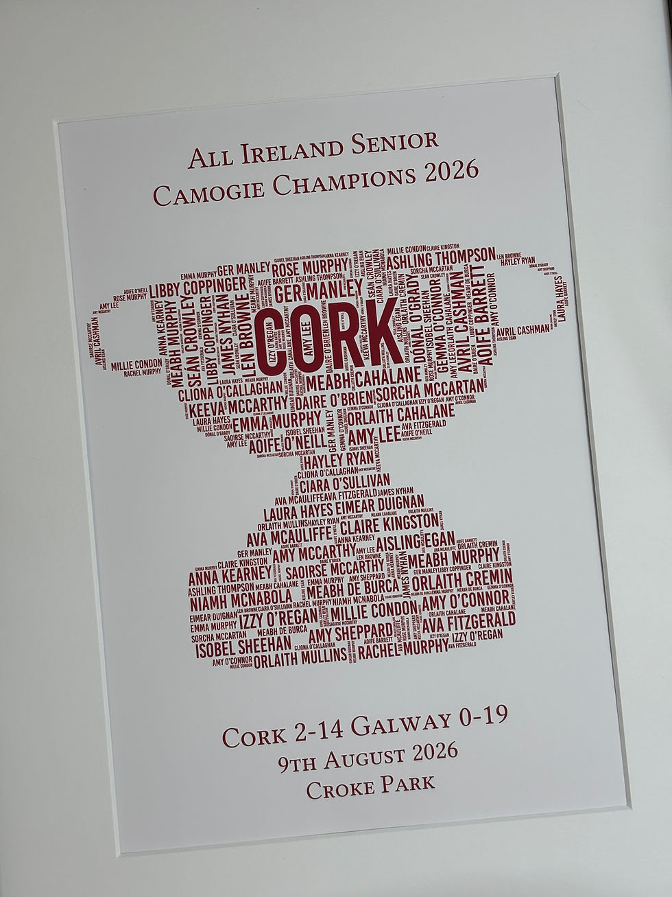 Thumbnail: Cork Camogie All Ireland Senior Champions 2025 O'Duffy Cup Irish Theme Print