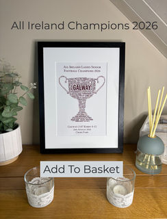 This elegant, Irish-themed typographic art print commemorates the remarkable Galway Ladies Football squad and their historic 2026 LGFA All-Ireland Senior Championship victory.Depending on your preference, this piece is styled either into a crisp County Map or the iconic silhouette of the Brendan Martin Cup. The design is intricately constructed using the names of the entire winning panel, management, support team, the final match score, date, and location. Printed on premium photo-glossy paper, this modern keepsake serves as the perfect tribute to the historic day the Tribeswomen awoke the West and conquered Croke Park. It stands as a beautiful reminder of county pride for any Galway fan.
