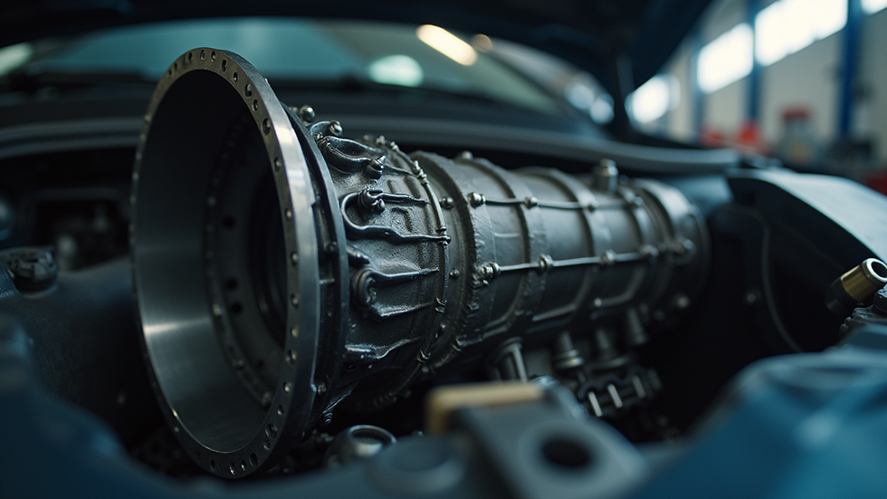 Close-up view of a car transmission being repaired in a garage