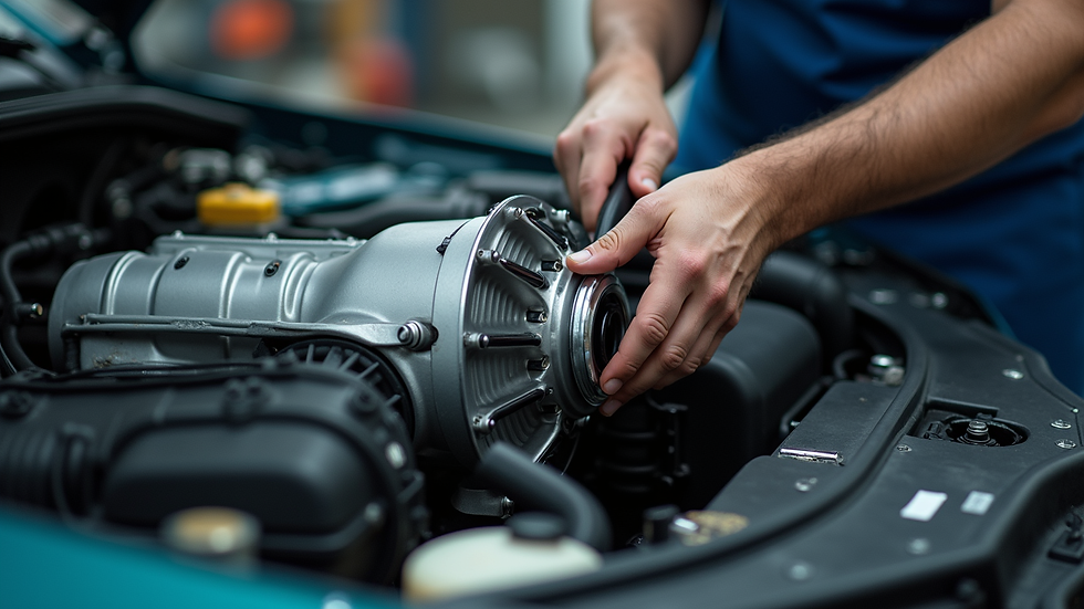 Close-up view of a car transmission being repaired in a workshop