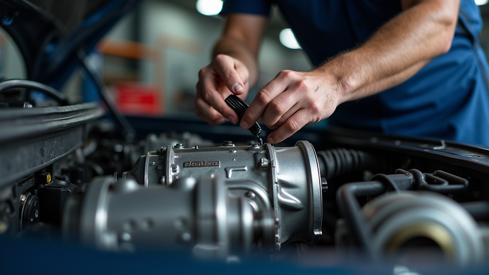 Eye-level view of a mechanic inspecting a car transmission
