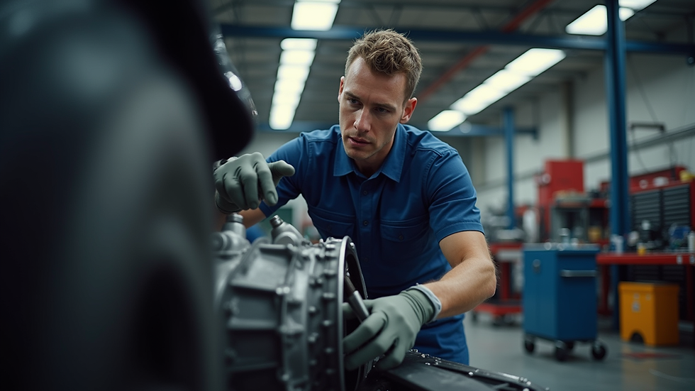 Eye-level view of a mechanic inspecting a car transmission in a repair shop