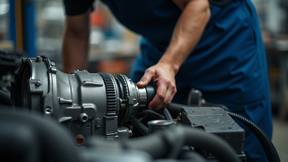 Close-up view of a mechanic working on a car transmission