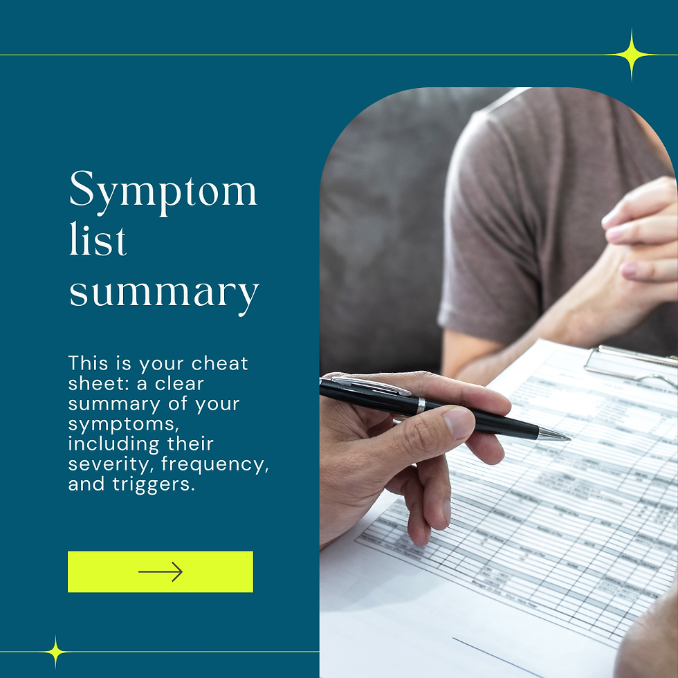 Summary sheet for managing symptoms: A comprehensive guide outlining severity, frequency, and triggers for better health insights.