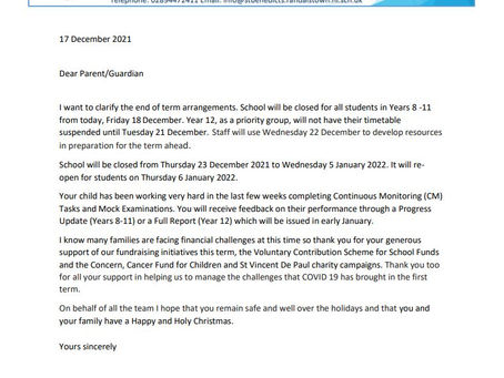 Christmas Holidays Letter - December 2021