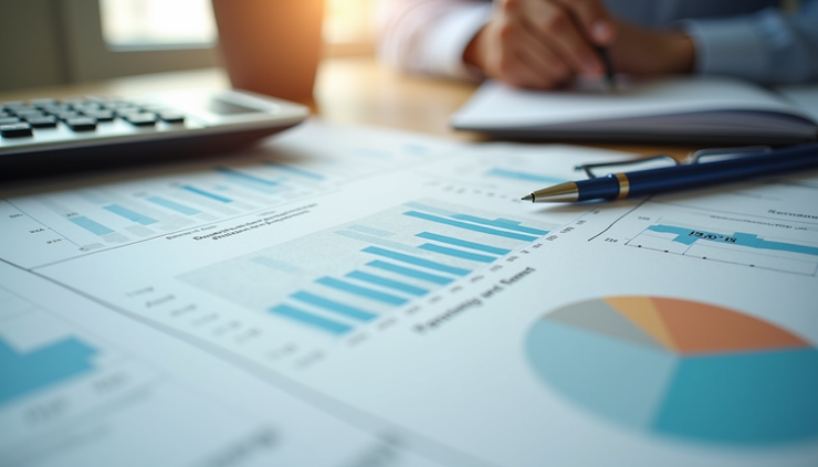 High angle view of a financial planner’s desk with charts, calculator, and pen, illustrating budgeting for business owner payments