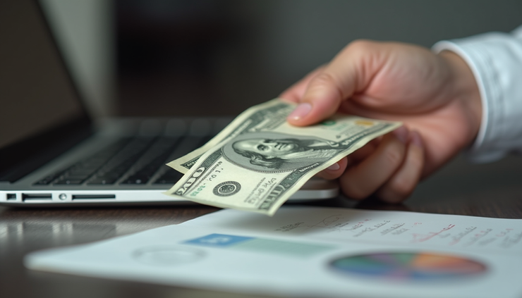 Close-up view of a hand holding cash next to a laptop, symbolizing owner draws from business profits